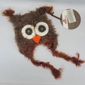 Owl Baby Hat With Tassels Fuzzy‎ Brown Crochet Eyes 0-6 months